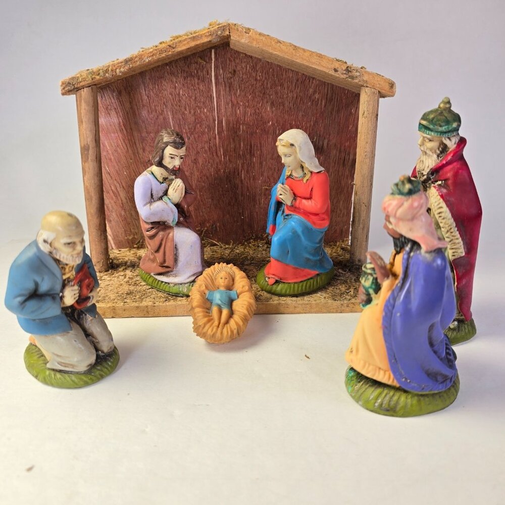 Vintage Nativity Set Plastic Figures Germany Christmas Decor Stable Baby Jesus
